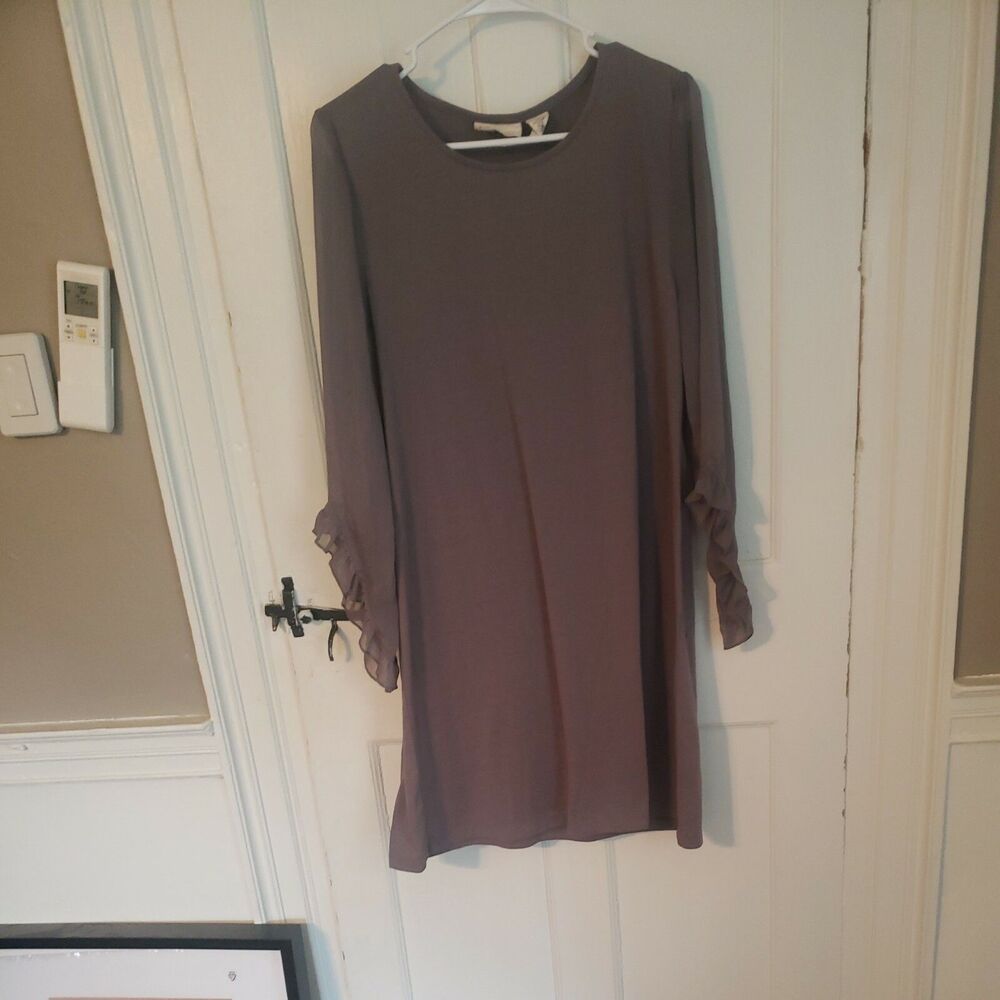 Allison Brittney Grey Dress Sheer Ruffled Long Sleeves Size L Large